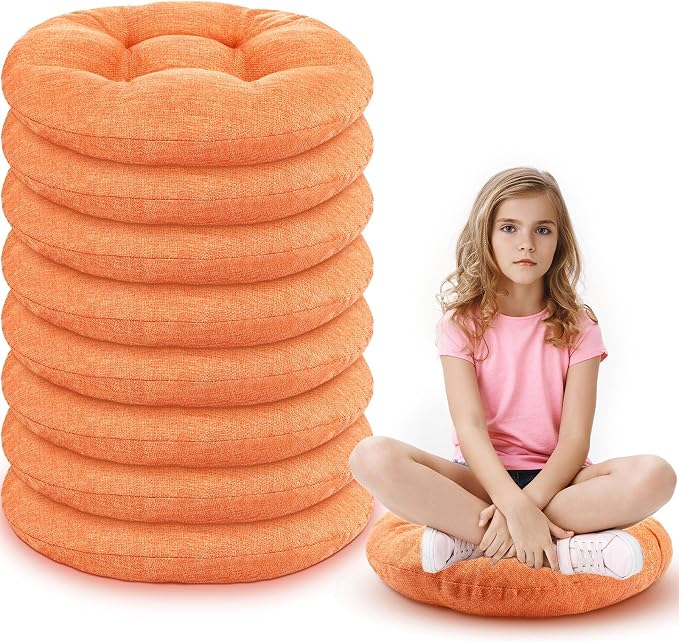Fumete 8 Pcs 16 Inch Floor Cushions Pillow for Kids Bulk Classroom Round Flexible Seating Floor Cushions for Students Home Daycare School Reading Corner Yoga Meditation Picnic (Orange)