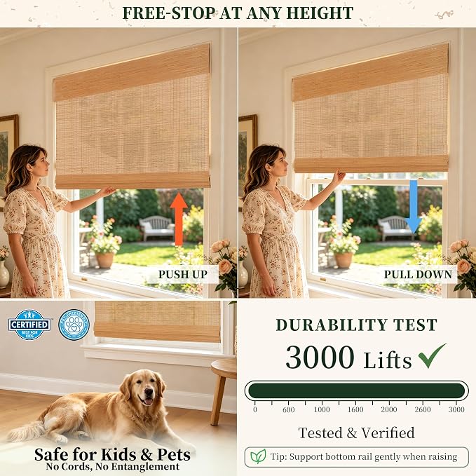 HESTIA No Drill Cordless Bamboo Roman Shades with Matching Valance, Light Filtering Natural Woven Roll Up Blinds for Living Room, Dining Room, and Sunroom, 36" W X 64" H