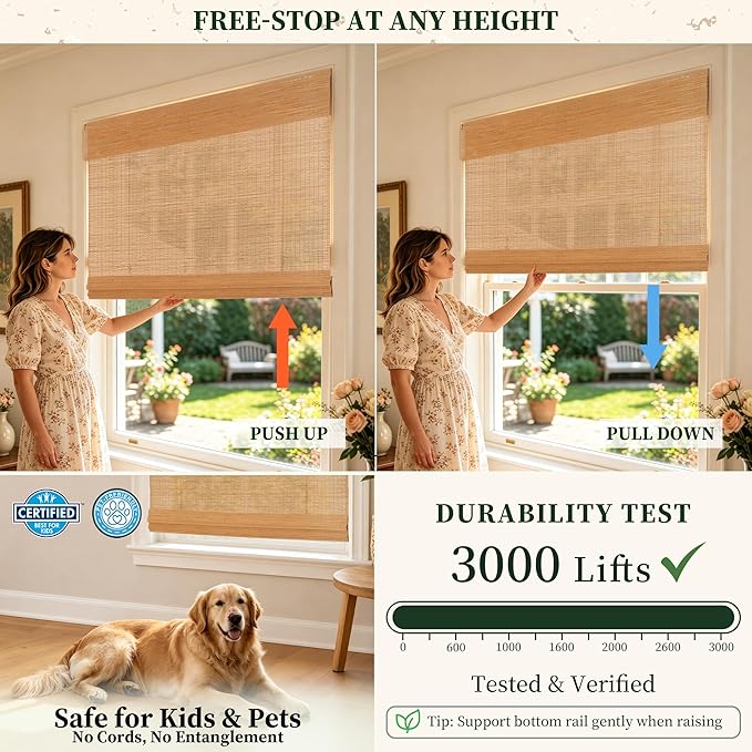 HESTIA No Drill Cordless Bamboo Roman Shades with Matching Valance, Light Filtering Natural Woven Roll Up Blinds for Living Room, Dining Room, and Sunroom, 36.5" W X 64" H