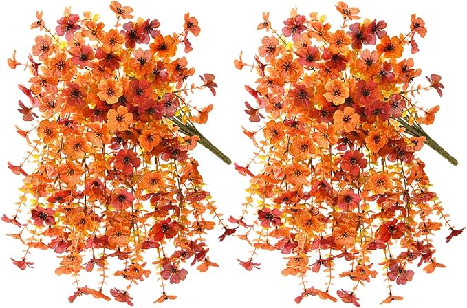 ZFProcess Artificial Fall Flowers for Outdoors, 2PCS Silk Fake Flowers Realistic Daisy Mums UV Resistant Porch Patio Window Yard Decor (Fall Orange)