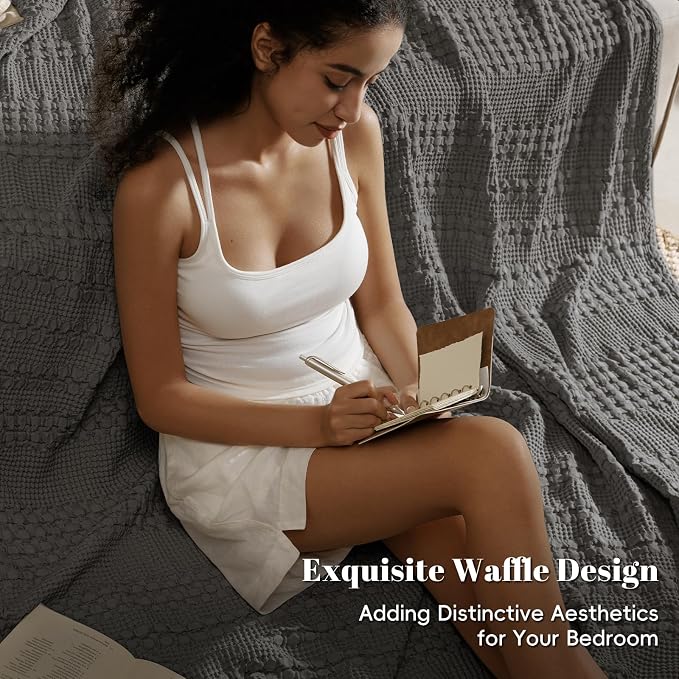 PHF 100% Cotton Waffle Blanket Twin Size for College Dorm, Lightweight Breathable and Soft for Summer, Luxury Aesthetic Waffle Weave Blanket for Bed & Gifts for Women, 66"x90", Charcoal Grey