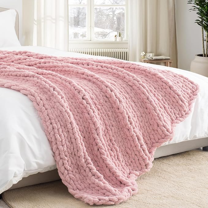 Chunky Knit Throw Blanket 50x60, 100% Handmade Chenille Yarn | 4.4lbs Soft Thick Cable Knitted Blankets, Large Rope Knot Crochet Throws for Couch Sofa Bed Machine Washable, Dusty Pink