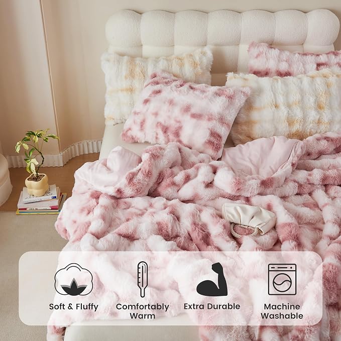 Simple&Opulence Fluffy Faux Fur Comforter Set, Plush Fuzzy Minky Bedding Set, 3 Pieces Warm Soft Comforter Bedding Set for Winter - 1 Shaggy Comforter with 2 Pillow Shams(King, Pink)