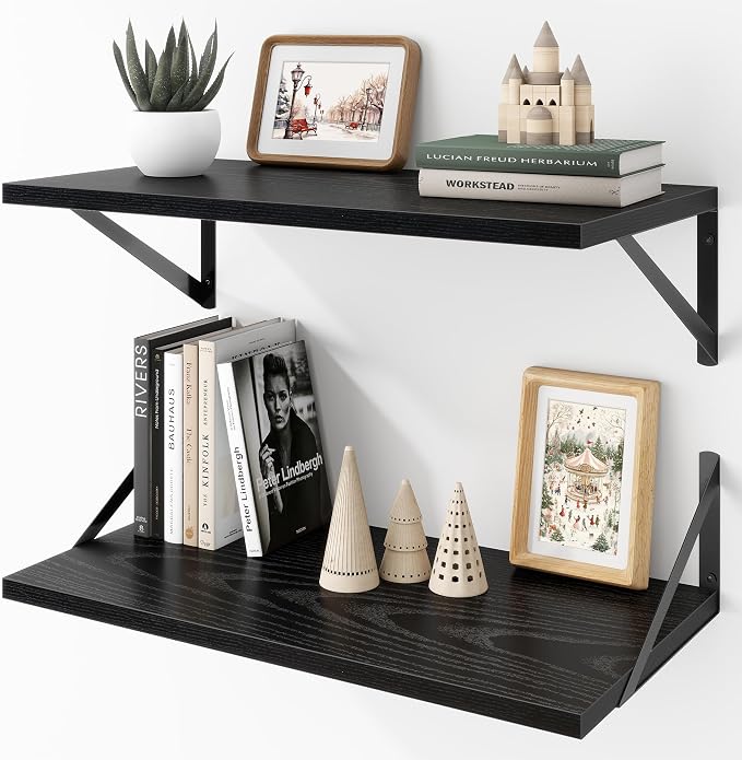 Acovy Deep Floating Shelves Wall Mounted, 24"x12" Black Wall Shelves with Brackets Set of 2 for Bedroom, Living Room, Bathroom, Kitchen, Office - Storage & Display Shelf for Decor, Books, Plants