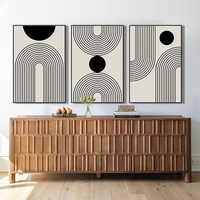 SAFERRYHOME Boho Abstract Wall Art, 3 Pieces Mid Century Modern Framed Canvas Wall Decor Neutral Beige Black Art Painting Print, Geometric Line Artwork Picture for Living Room Bedroom Office, 24"x36"