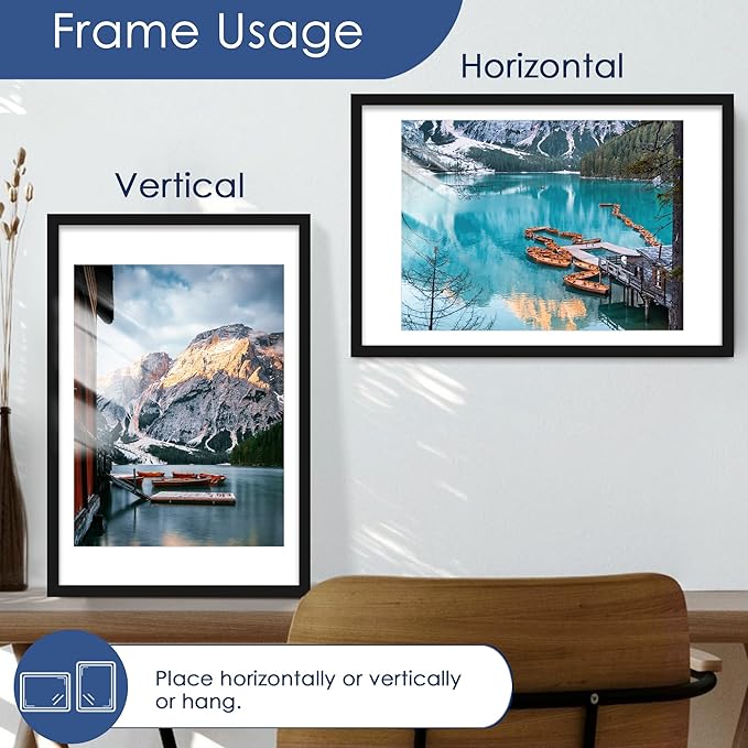 PEALSN 20x30 Picture Frame Set of 6, Display Pictures 18 x 24 with Mat or 20 x 30 without Mat for Wall Mounting or Table Top Display, Poster Frames Collage for Wall Decor, Black.
