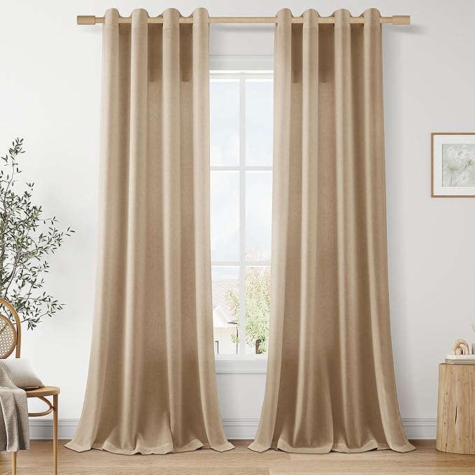 Aersas Sand Beige 90 Inches Long Grommet Linen Curtains 2 Panels Set for Living Room Dining Semi Sheer Light Filtering Boho Farmhouse 90 Inch Length Window Curtain for Bedroom 52x90