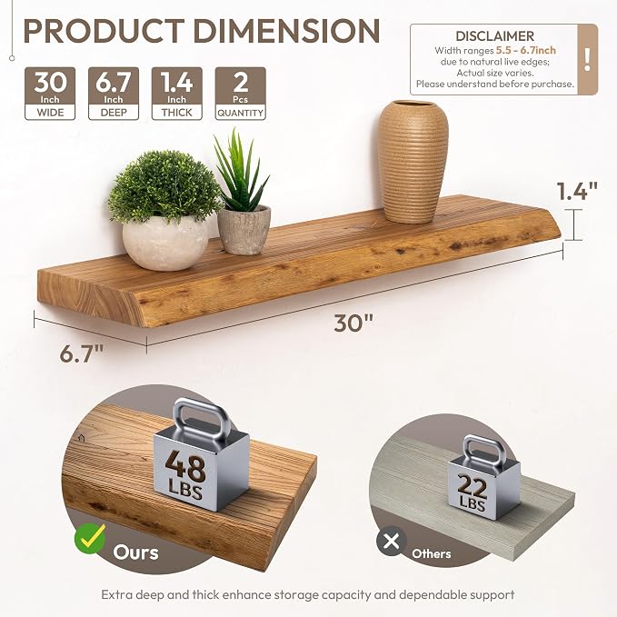 Marsmiles 30 inch Floating Shelves for Wall Elm Wood Live Edge Shelves|Rustic Wall Shelves with Invisible Heavy-Duty Bracket for Bathroom Living Room Kitchen|Natural, 2 Pack