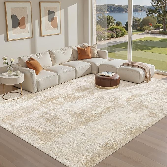 UERMEI Area Rug for Living Room: 10x14 Washable Neutral Abstract Modern Soft Rugs Non Slip Indoor Floor Stain Resistant Large Carpet for Bedroom Dining Room Office Nursery - Beige