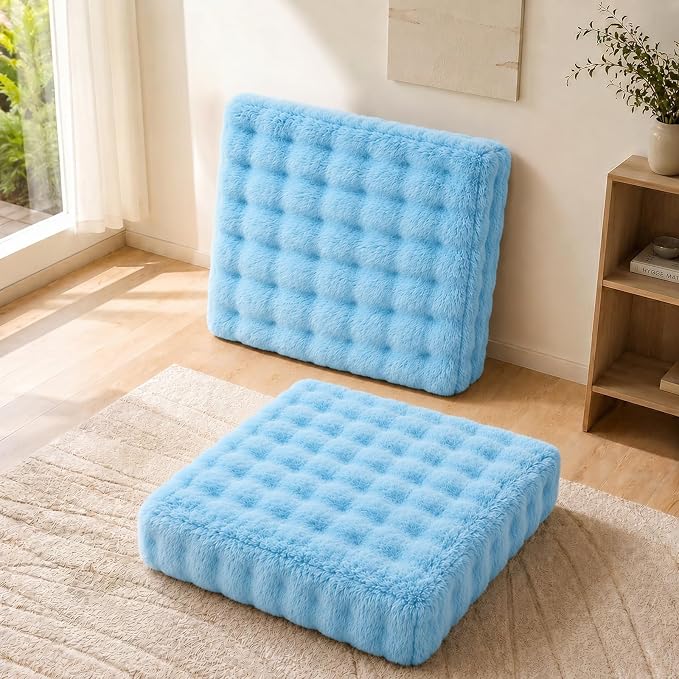 JKMAX 2 Pcs High Density Foam Floor Pillow - Upgraded Large Pillows Seating for Adults - Outdoor Floor Cushion with Soft Tufted Cover - Yoga Pillows for Sitting On Floor - 22 Inch Sky Blue