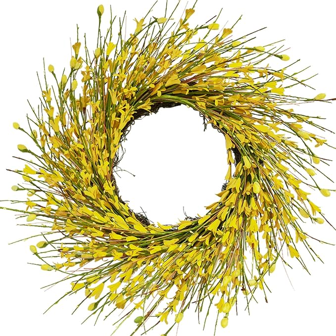 Bibelot 20inch Artificial Forsythia Flower Wreath, All Year Around Wreath for Front Door, Wedding Window Home Wall Indoor Front Door Decor (Yellow, 20in)