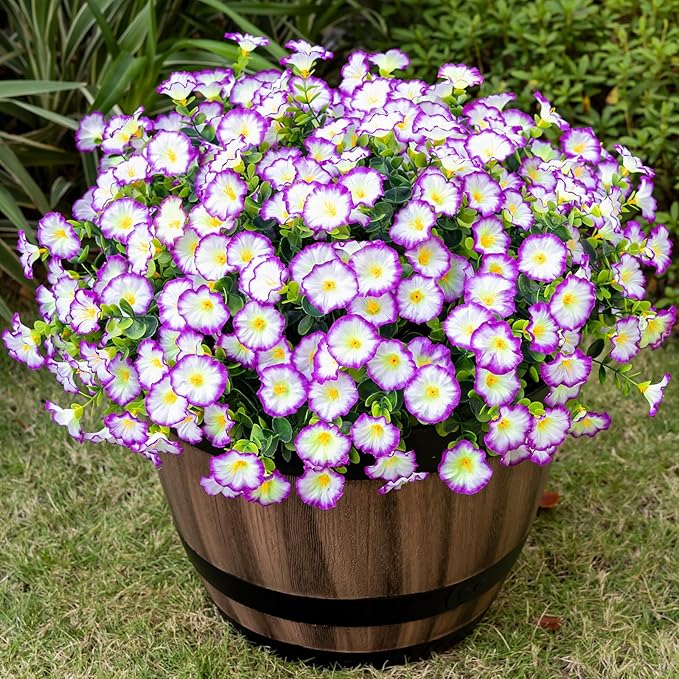 Nigirior Artificial Faux Flowers for Outdoor 16 Bundles Boxwood Fake Morning Glory for Planter,UV Resistant Fake Flowers for Home Porch Patio Outside（Purple/White）