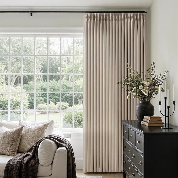 Pinch Pleated Linen Curtains 112 Inch Length Farmhouse Burlywood Birch Tan Linen Pinch Pleat Curtains for High Living Room Light Filtering Semi Sheer Drapes Floor to Ceiling Extra Long Window Drapes