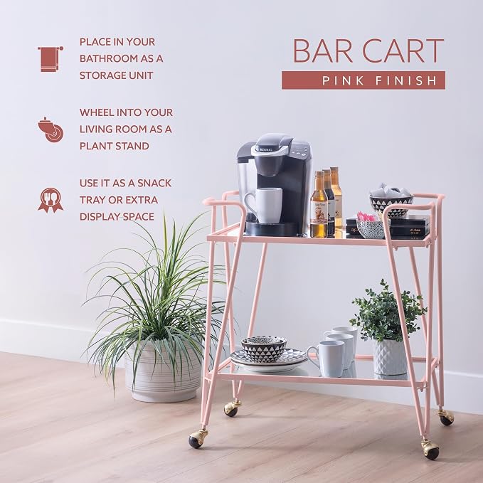 Gina Pink Mid-Century Bar Cart with Mirrored Shelves and Locking Wheels by Linon