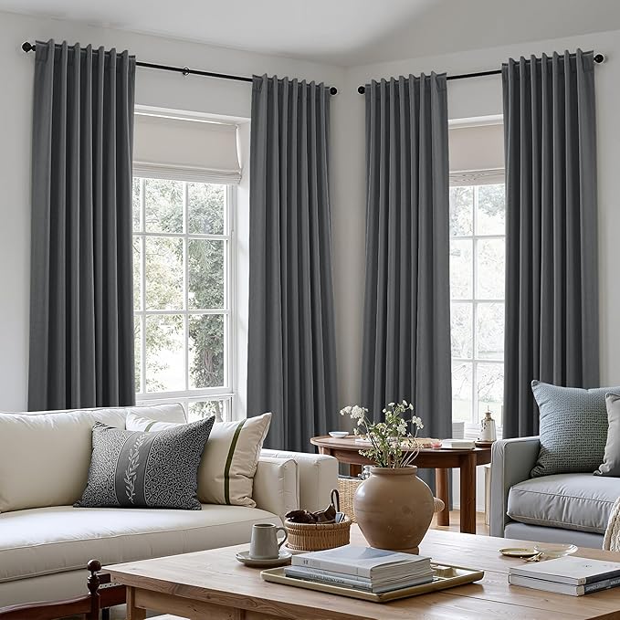 Guken 100% Blackout Curtains 90 Inch Length 2 Panels Set for Living Room Bedroom Back Tab Thermal Insulated Black Out Linen Drapes Room Darkening Blazer Grey,52x90