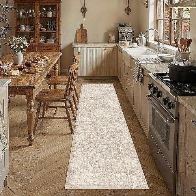 2x14 Beige Washable Runner Rug for Kitchen Hallway Neutral Soft Non Slip Rug Low Pile Vintage Distressed Carpet for Bathroom Bedroom Indoor Nursery