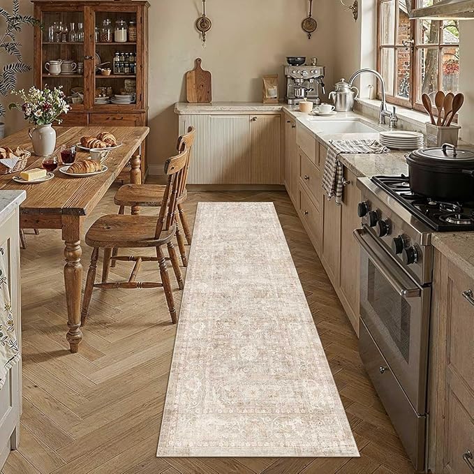 2'6x12 Beige Washable Runner Rug for Kitchen Hallway Neutral Soft Non Slip Rug Low Pile Vintage Distressed Carpet for Bathroom Bedroom Indoor Nursery