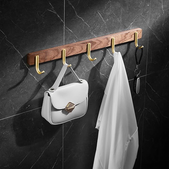 Wall Mounted Coat Rack, Entryway Hanging Rack with Rustic Hooks for Coat, Scarf, Bag, Towel, Key, Cap, Hat - Walnut Gold Matt (5 Hooks - J Shape)