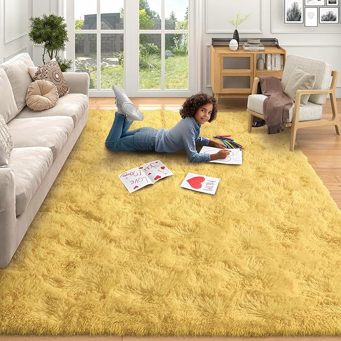 FinRèc Soft Yellow Rugs for Bedroom Living Room, 4x6 Feet Fluffy Shaggy Area Rug, Non-Slip Fuzzy Furry Shag Rug for Nursery Kids Room Dorm Room Home Decor, Indoor Plush Floor Carpet