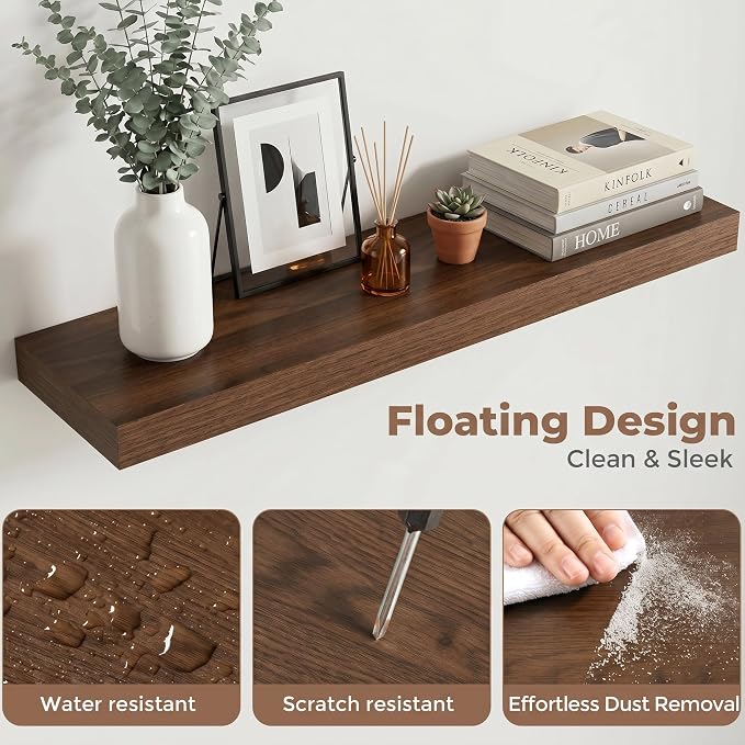 32 Inch Floating Shelves for Wall, 8"D Wood Storage Shelves, Walnut Finish | Engineered Wood, Invisible Bracket, Large Storage, Easy Install, Hold Up to 55lbs, Living Room, Bathroom, Bedroom, Kitchen