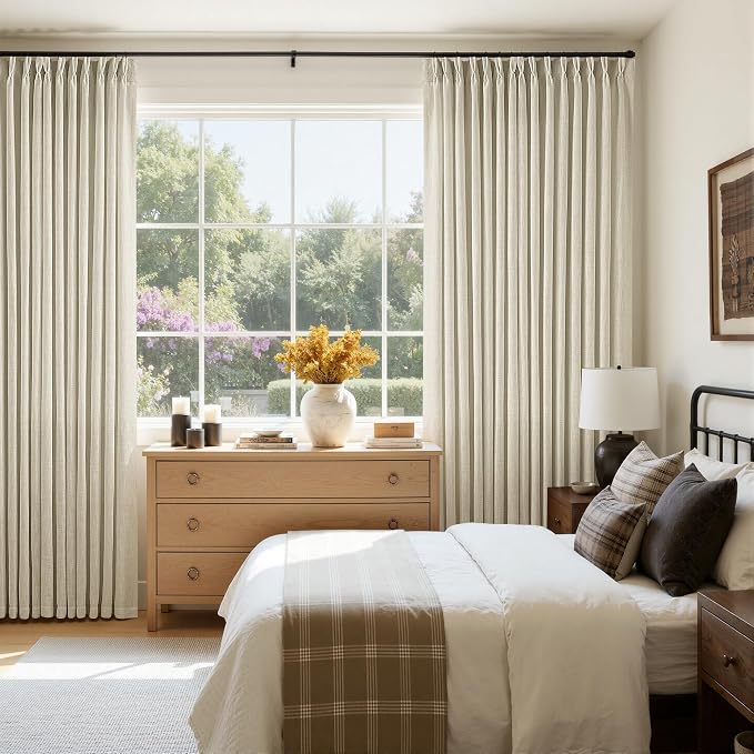 Extra Wide Pinch Pleat 100 x 108 Inch Linen Curtains for Living Room Neutral Beige Light Filtering Semi Sheer Pleated Curtains for Patio Glass Sliding Door Dining Bedroom Large Window 100x108 1 Panel