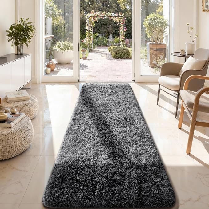 Ophanie 2x8 Runner Rug for Hallway, Upgrade Non-Slip Fluffy Soft Bedside Rugs, Bedroom Living Room Grey Shaggy Gray Carpet for Kids Girls Boys Dorm Nursery Home Decor Aesthetic