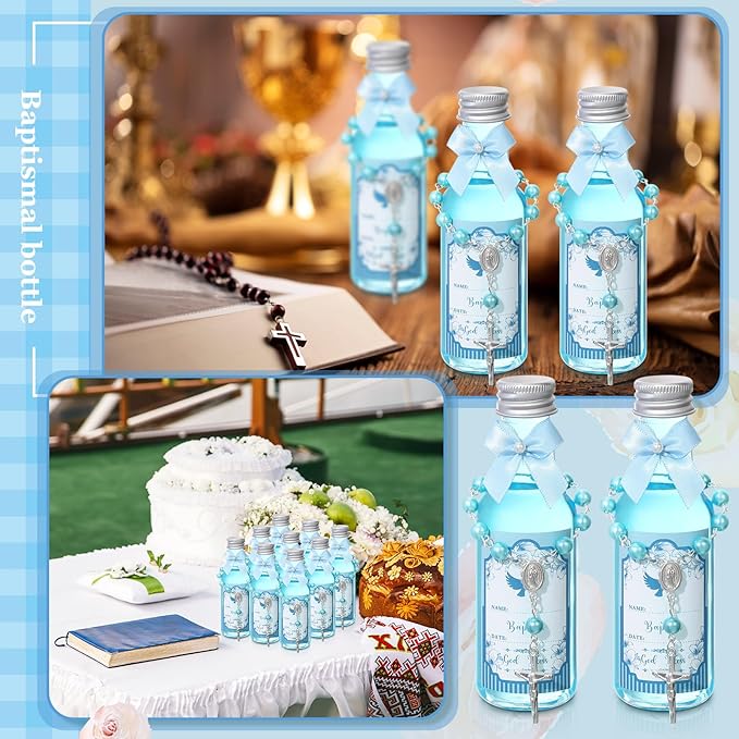 FillTouch 12 Sets Catholic Holy Water Bottle Baptism Rosary Set Baptism Favors 1.7oz Christian Water Container Empty Glass Holy Water Bottle for Easter Party Church Wedding Table Newborn (Blue)