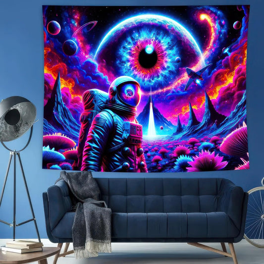 BlissYard Blacklight Astronaut Tapestry UV Reactive Tapestry 78x59 Inch Black Light Galaxy Planet Tapestry Glowing Tapestry Large Neon Tapestry Wall Hanging for Home Living Room Bedroom Decor
