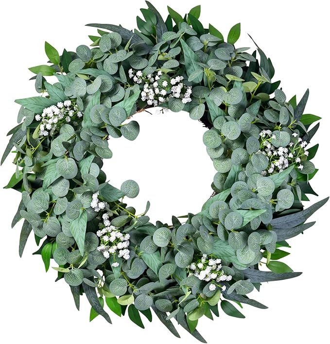 Eucalyptus Wreath for Front Door All Seasons, 20-22" Spring Summer Silk Greenery Wreath for Porch Wall, Artificial Farmhouse Home Decor for Indoor Outdoor