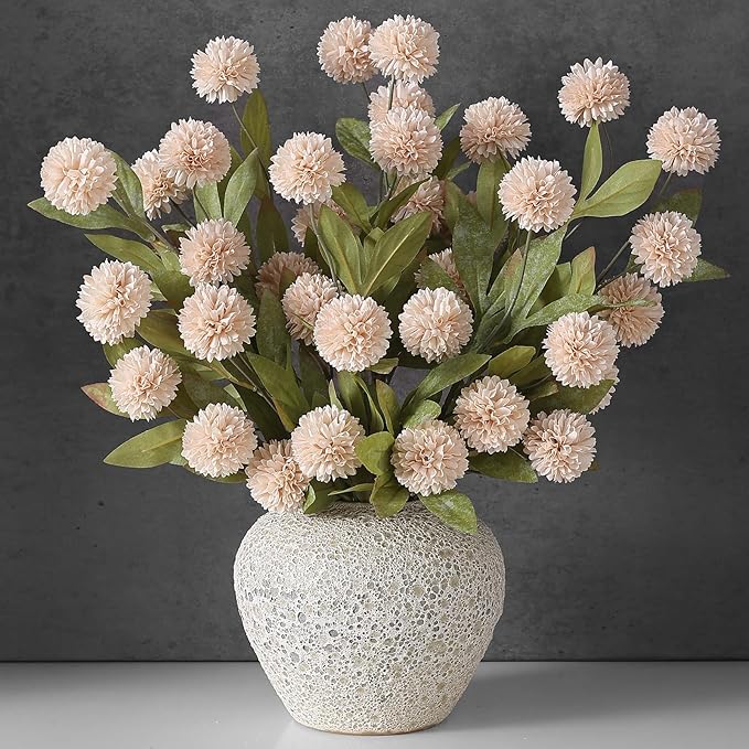 VIERENA 6 Pcs Faux Silk Pompon Mum Artificial Flowers for Vase -27", Bulk Fake Chrysanth Branches with Stems for DIY Bouquet Centerpieces Wedding Fillers Arrangements Shower Decorations (Beige)