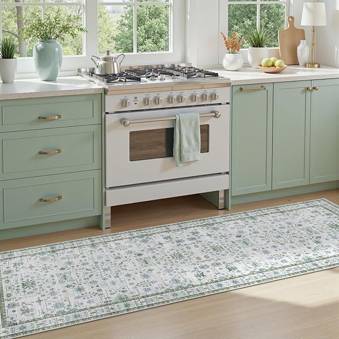 DCX 2x6 Runner Rug, Small Vintage Boho Area Rug, Washable Non Slip Rug Runner Carpet for Kitchen Floor, Hallway, Laundry, Bedroom Low Pile Soft Pastel Runner Green and Cream