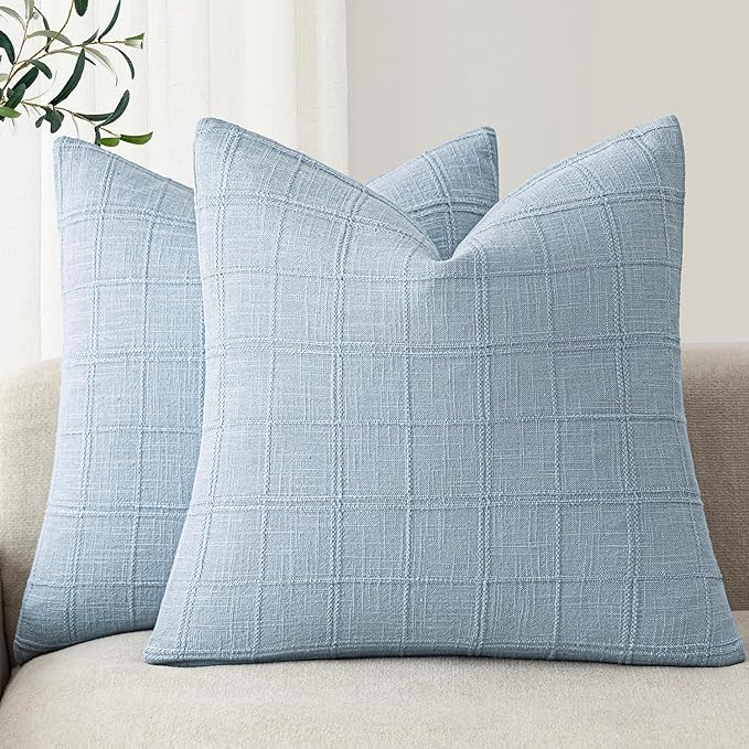 Foindtower Set of 2 Decorative Linen Check Throw Pillow Covers Neutral Farmhouse Vintage Cushion Covers Modern Boho Accent Home Decor for Sofa Chair Couch Bedroom Living Room,22×22 Inch,Sky Blue