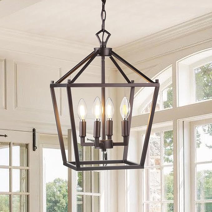JONATHAN Y 12" Oil Rubbed Bronze Lantern Pendant Light, 4-Light Pagoda Style Metal Cage Farmhouse Hanging Ceiling Fixture for Kitchen Island, LED Bulb Included (JYL7436A)