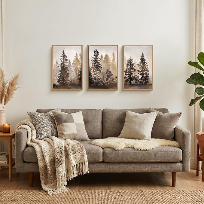 HPNIUB Foggy Forest Framed Wall Art Set, Abstract Misty Woodland Wall Decor,Rustic Neutral Pine Tree Farmhouse Art Print,Modern Nature Landscape Artwork for Living Room, Bedroom,Office-16''x24''x3