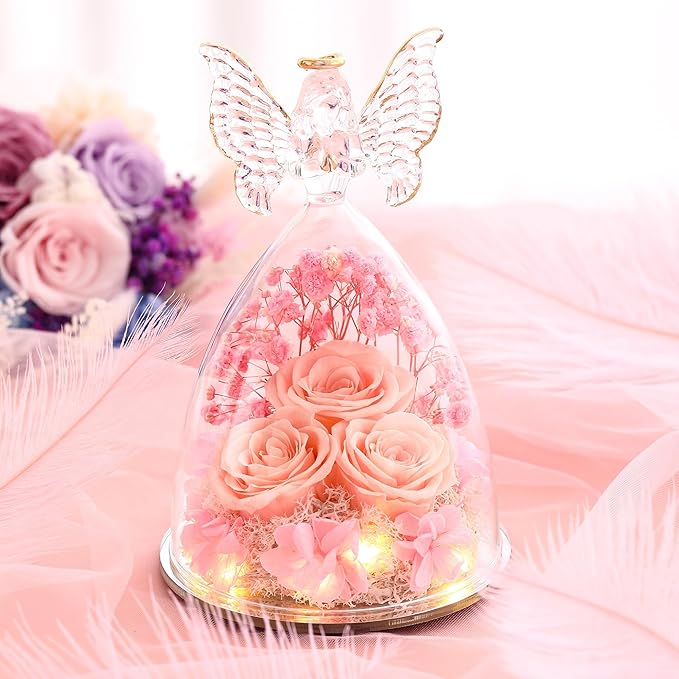 Mothers Day Rose Gifts for Women Preserved Real Flower in Glass Angel Figurines Roses for Delivery Prime Birthday Gifts for Mom Grandma Girlfriend Wife Her, Champagne