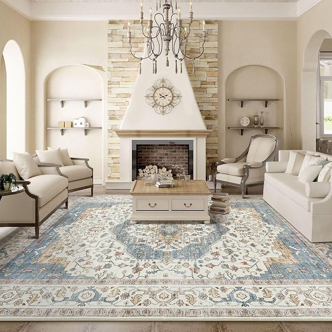 12x18 Area Rugs for Living Room - Large Carpet Ultra Thin Soft Washable Oriental Vintage Floral Distressed Big Indoor Carpets for Bedroom Nursery Dorm Home Decor Aesthetic - Blue/Beige
