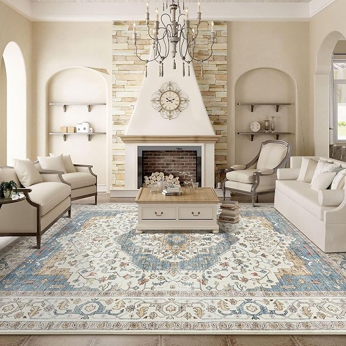 12x15 Area Rugs for Living Room - Large Carpet Ultra Thin Soft Washable Oriental Vintage Floral Distressed Big Indoor Carpets for Bedroom Nursery Dorm Home Decor Aesthetic - Blue/Beige