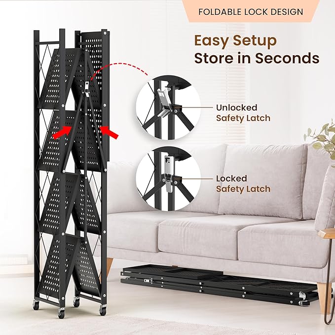 Our Modern Space 5-Tier Foldable Storage Shelf with Wheels | Metal Rack Collapsible Shelving Display | Rolling Cart for Books Kitchen Storage Shelves | Pantry & Closet Organizer | Office Room Decor