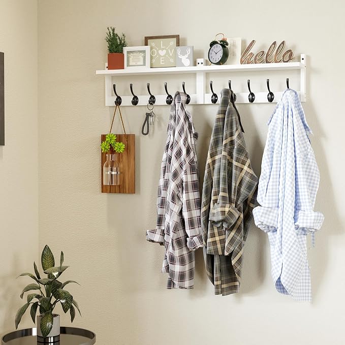 AMBIRD 34.2" L Wooden Wall Coat Hooks with Shelf - Versatile and Decorative Wall-Mounted Storage - 10 Hooks for Hanging Coats, Hats, Keys, Bags, Scarves - Ideal for Entryways, Bedrooms, Closets(White)