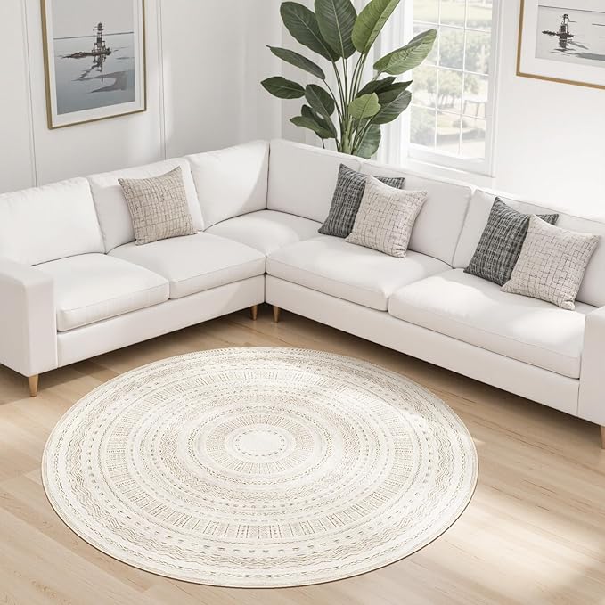 cotiled 5x5 Round Area Rug Living Room: Washable Boho Rugs with Non Slip Backing Large Soft Indoor Stain Resistant Carpet for Bedroom Farmhouse Dining Room Lightweight Home Decor Brown/Cream