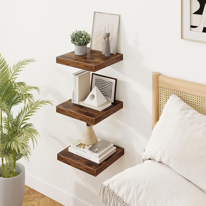 Square Floating Shelves for Wall, 10"W x 10"D x 1.25"H, 3 Packs Small Wall Mounted Engineered Wood Shelves with Invisible Brackets for Living Room, Bedroom, Bathroom, Kitchen Decor, Rustic Brown