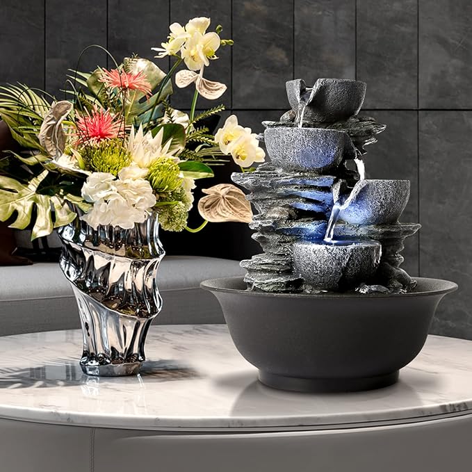WICHEMI Tabletop Fountain Warer Fountains Indoor Waterfall Fountain Indoor Relaxing Water Feature Meditation Fountains with LED Light for Home Office Bedroom Decor (Style 15)