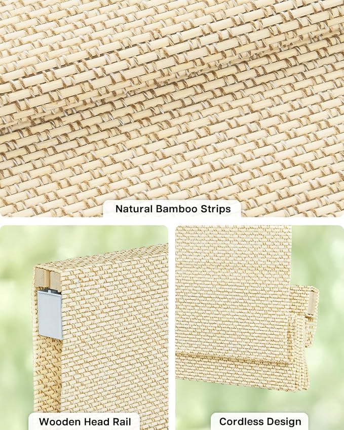 LazBlinds No Drill Cordless Bamboo Roman Shades, Light Filtering Blinds for Indoor Windows, Roll Up Bamboo Blinds for Home, 33" W x 48" H, Star-Beige