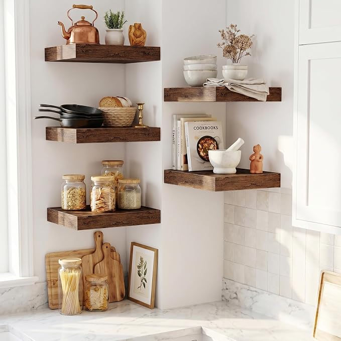 Fun Memories Wood Floating Shelves 16 Inch, 12 Inch Deep Shelves Wall Mount, Wall Shelves with Invisible Bracket, 16" Floating Shelves for Living Room Bathroom Bedroom, Rustic Brown, Set of 2