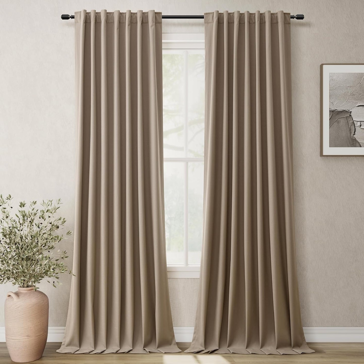 BOODII 100% Blackout Curtains for Bedroom 95 Inch Length 2 Panels Set Room Darkening Linen Curtains Light Brown Black Out Curtain Neutral Thermal Insulated Living Room Nursery Drapes Back Tab 52x95