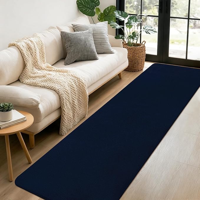 qulint Modern Carpet Runners for Hallway 8ft, Navy Blue Non Slip Kitchen Runner Rugs 2x8 Soft Thickened Memory-Foam Indoor Washable Rug, Minimalist Solid Carpet for Bedroom Living Room Home Decor