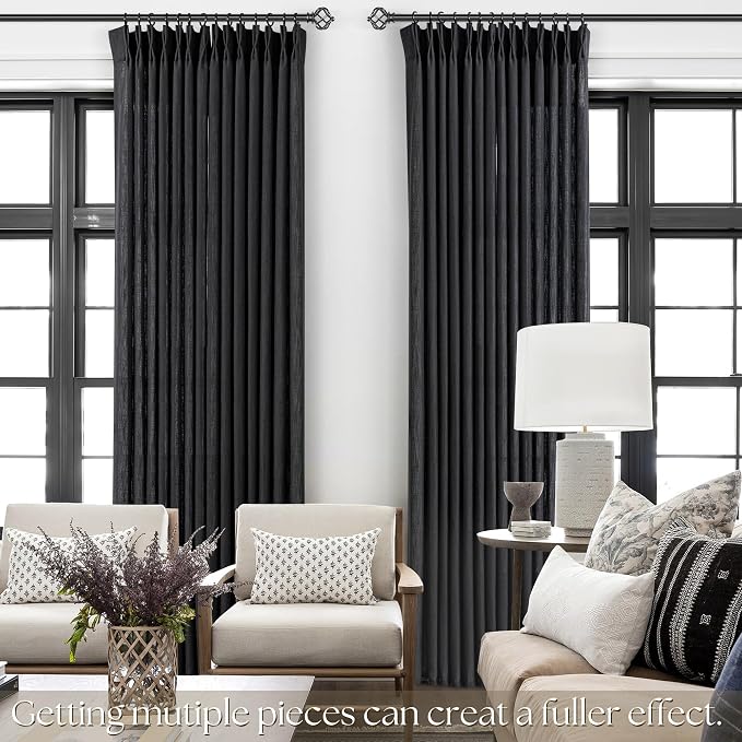 Pinch Pleated Black Curtains 96 Inches Long 2 Panels for Living Room Textured Semi Sheer Pinch Pleat Linen Drapes with Hooks Rings Light Filtering Curtain for Sliding Glass Door 8ft