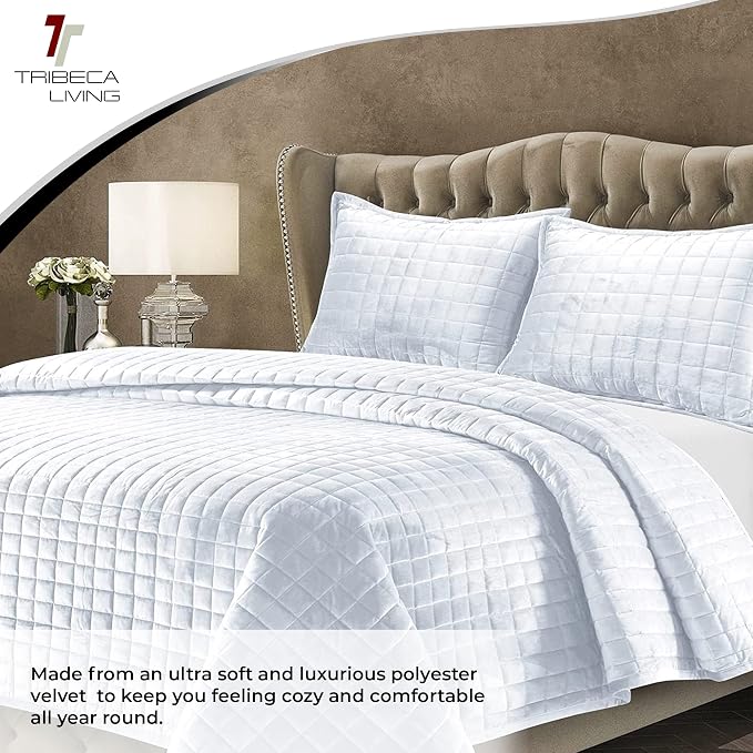 Tribeca Living Luxury Velvet Quilt King Size Set - 260GSM Ultra-Soft Oversized Velvet Bedspread Comforter Set with 2 Shams, in Florence White