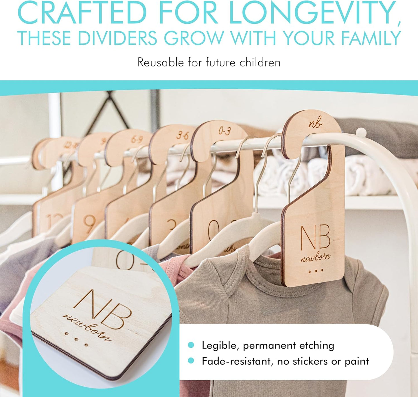 Baby Clothes Dividers for Closet – Wood Size Dividers for Newborn to 24 Months, Nursery Organizer, Large 1in Letter Size (Set of 7)