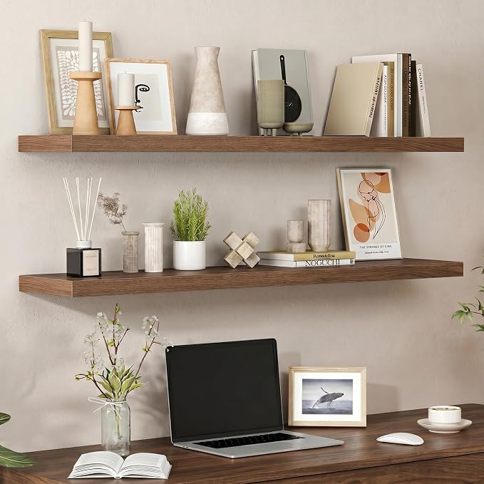 Heimlove Floating Shelves for Wall 48 Inches Long,9.3" Deep Walnut Floating Shelf Set of 2,Wall Mounted Wood Shelves for Bathroom Bedroom Living Room Kitchen Office,Shelf for Books Storage Room Decor
